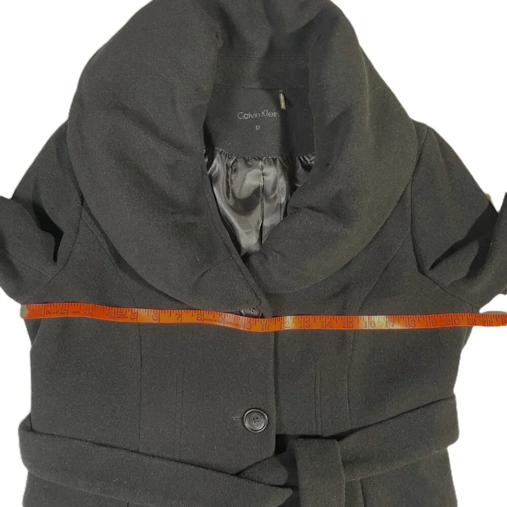 Calvin Klein Wool Blend Belted Tailored Black Coat Collared Knee Length Size 12 - Picture 6 of 16